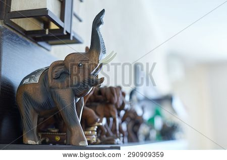 Rostov-on-don, Rostovskaya / Russia - Febr. 2019: Figures Of Elephants On Shelf. Wooden, Stone And C