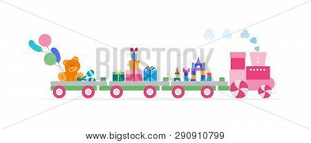 Funny Vector Illustration With Train Carries Toys: Baby Toy Musical Maracas, Designer, Bear, Gifts, 