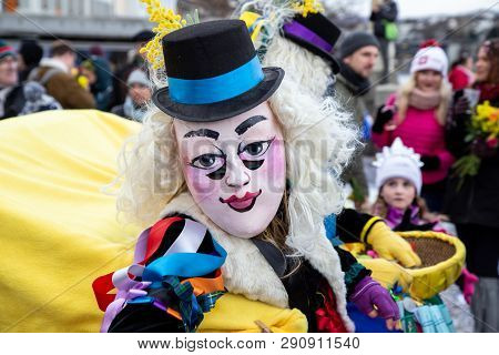 Basel, Switzerland - March 11, 2019: Participant At The Parade Of The Carnival Of Basel. The Carniva