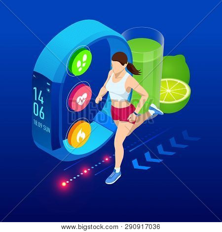 Isometric Fitness Bracelet Or Tracker With A Smartphone, An Athlete Running Outdoors. Jogging And Ru
