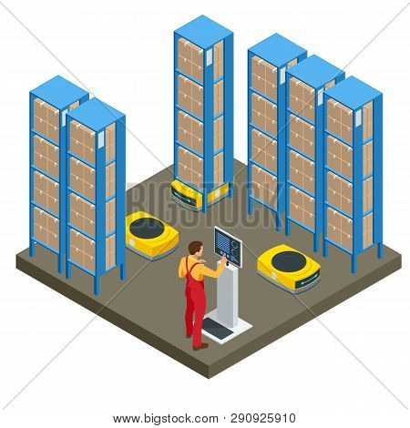 Isometric Automated Warehouse Robots. Modern Logistics Center. Isolated On White Background.