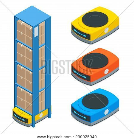 Isometric Automated Warehouse Robots. Modern Logistics Center. Isolated On White Background.