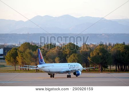 Antalya, Turkey - February 28, 2019: Passenger Supersonic Plane Airbus Of Turkish Onur Airlines Land