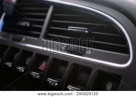 Car Conditioner. The Air Flow Inside The Car. Detail Interior. Air Ducts, Deflectors On The Car Pane