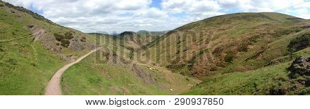 Panoramic Shot Of The Long Mynd Area Of Shropshire, England On A Sunny Day.