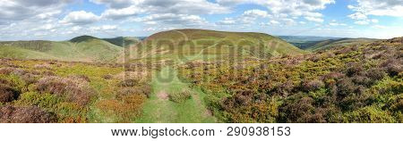 Panoramic Shot Of The Long Mynd Area Of Shropshire, England On A Sunny Day.