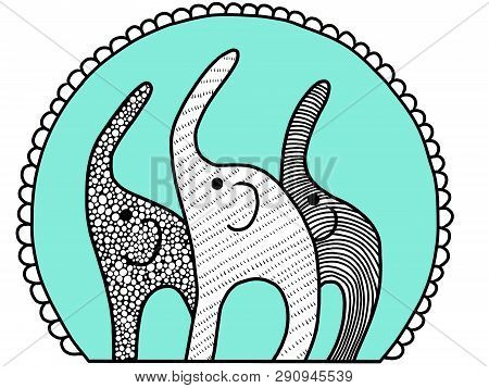 Three African Elephants Standing. Flat Line Illustration. Colored Cartoon Style, Isolated On White B