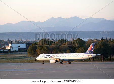 Antalya, Turkey - February 28, 2019: Passenger Supersonic Plane Airbus Of Turkish Onur Airlines Land