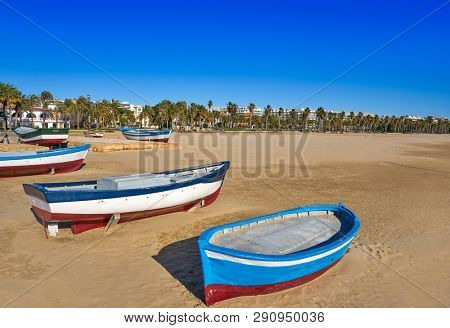 Salou beach Llevant boats Levante platja in Tarragona of Catalonia