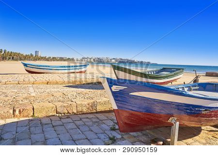 Salou beach Llevant boats Levante platja in Tarragona of Catalonia