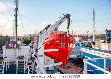 Kerch, Crimea - Oct. 2014: Port Krym. Kerchenskaya Ferry Crossing. Ferry 