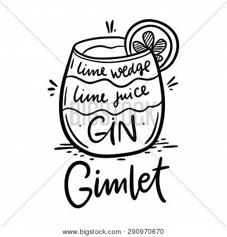 Cocktail Gimlet And Its Ingredients In Vintage Style. Hand Draw Vector Illustration.