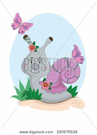 Cute Cartoon Snail With Butterflies On A Blue Background. Snail On The Grass-vector.