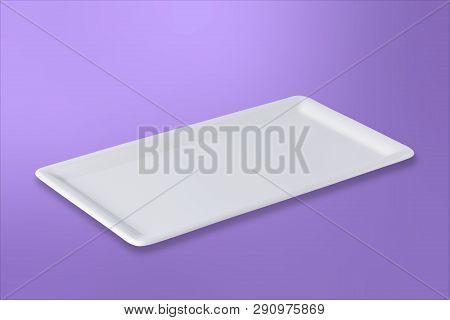 Empty White Cornered Plate On Gradient Purple Background, Front View, Oblique Position