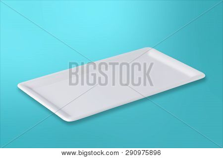 Empty White Cornered Plate On Gradient Turquoise Background, Front View, Oblique Position