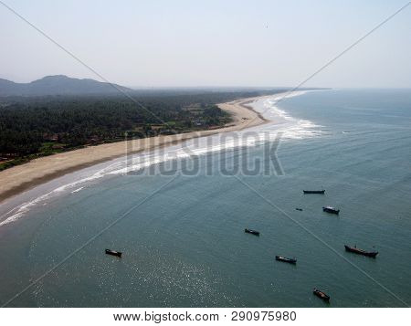 The Beach View With Ships From Gopura Tower In Shiva Tample In Murudeshvar, Karnataka, India