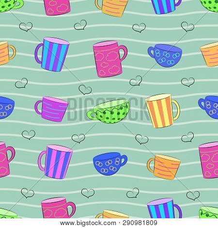 Seamless Pattern With Colorful Cups. Cartoon Illustration On The Green Background With Hearts.