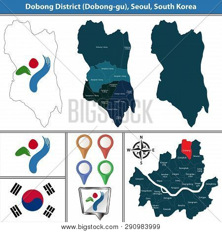 Vector Map Of Dobong District Or Gu Of Seoul Metropolitan City In South Korea With Flags And Icons