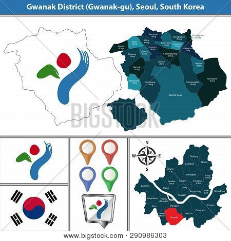 Vector Map Of Gwanak District Or Gu Of Seoul Metropolitan City In South Korea With Flags And Icons