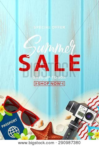 Vector Design Flyer For Summer Sale. Promo Poster With Realistic Seashells, Starfishes And Vacation 