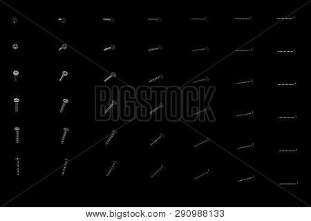 Cute Industrial 3d Illustration Of A Lot Of Black External Screws Rotated By Different Angles Isolat