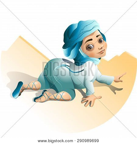 Cute Baby Crawls In Arab Dress. Vector Illustration.