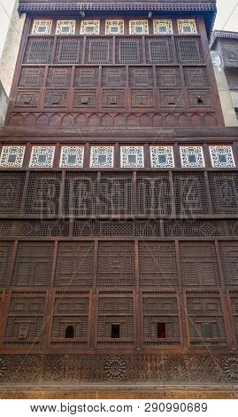 Mashrabiya Facade At El Sehemy House, An Old Ottoman Era House In Medieval Cairo, Egypt