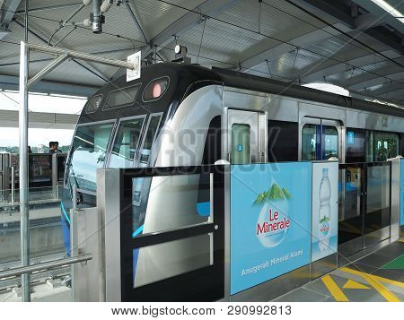 Jakarta, Indonesia - March 23, 2019: Mrt Jakarta Train Arrives At Lebak Bulus Mrt Station.