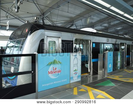 Jakarta, Indonesia - March 23, 2019: Mrt Jakarta Train Arrives At Lebak Bulus Mrt Station.