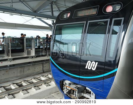 Jakarta, Indonesia - March 23, 2019: Mrt Jakarta Train Arrives At Lebak Bulus Mrt Station.
