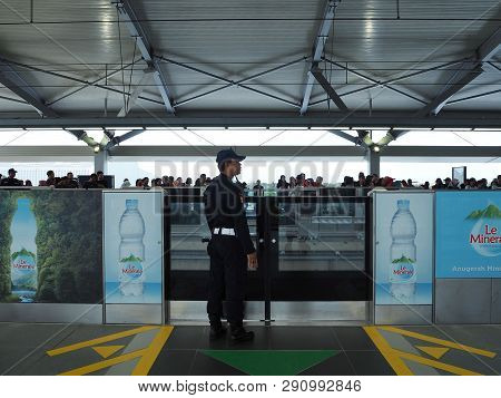 Jakarta, Indonesia - March 23, 2019: A Security Guard Stand On The Platform At Lebak Bulus Mrt Stati