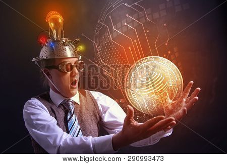 Distraught Looking Conspiracy Believer In Suit With Aluminum Foil Head With Factom Cryotocurrency Co