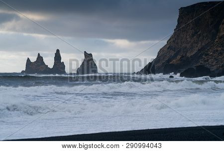 Rock Spire Of Reynisdrangur, Coast Of Reynisfjara Close To Vik, Iceland, Europe