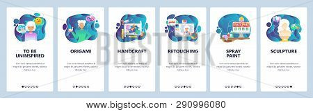 Mobile App Onboarding Screens. Digital And Traditional Art, Photo Retouch, Origami And Handcraft. Me