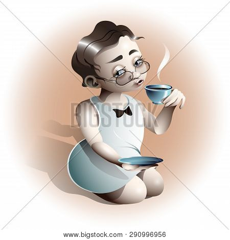 Cute Child Drinking Hot Tea. Vector Illustration.