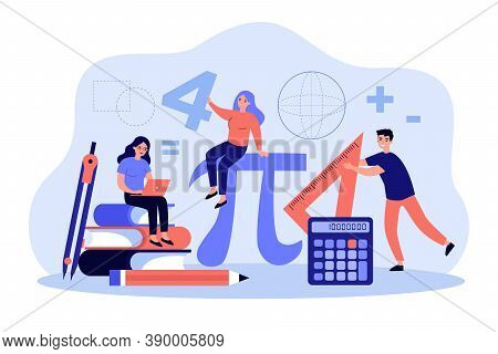 Tiny Students Learning Math In College Isolated Flat Vector Illustration. Cartoon Geometry Figures, 