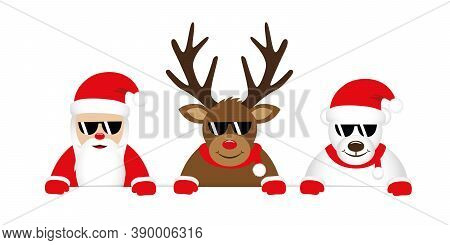Cute Reindeer Santa Claus And Icebear Cartoon With Sunglasses For Christmas Vector Illustration Eps1