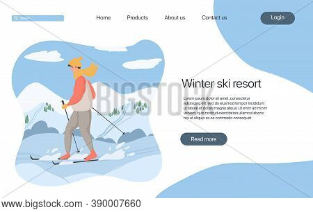 Ski Resort Landing Page Concept. Young Happy Man Skiing On Snow Vector Flat Cartoon Illustration.