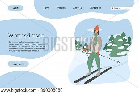 Ski Resort Landing Page Concept. Young Happy Girl Riding On Ski Vector Flat Cartoon Illustration.