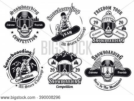 Monochrome Snowboarders Set. Cartoon Skulls With Crossed Snowboards, Hats, Helmets And Masks. Illust