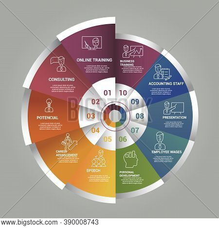 Infographic Business Training Template. Icons In Different Colors. Include Online Training, Consulti
