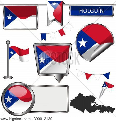 Glossy Badges Of Flag Of Holguin, Cuba. Vector Image