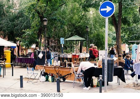 Madrid, Spain - 26 September 2020: Flea Market In Dos De Mayo Square In Malasana