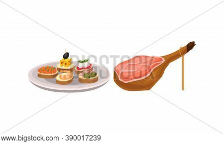 Jamon Or Dry-cured Bacon Gammon And Finger Food On Plate As Spanish Cuisine Gourmet Vector Set