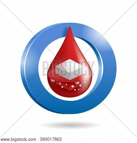 Diabetes 3d Icon - Sugar Cube Dissolving Inside Blood Drop And Blue Circle - High Glucose Level Sign