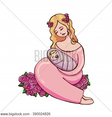 A Delicate Vector Illustration Of Attractive Young Blonde Woman Embracing Her Black Newborn Sleeping