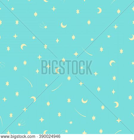 Vector Seamless Pattern With Yellow Stars On Blue Background. For Fabric, Textile, Linen, Gift And W