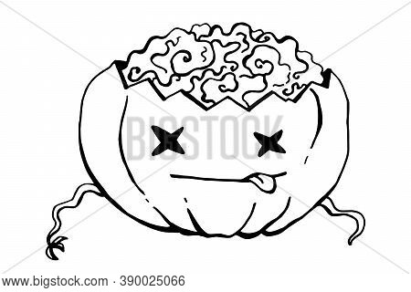 Vector Spooky Lineart Halloween Pumpkins. Vector Black And White Zombie Pumpkin For Halloween With B