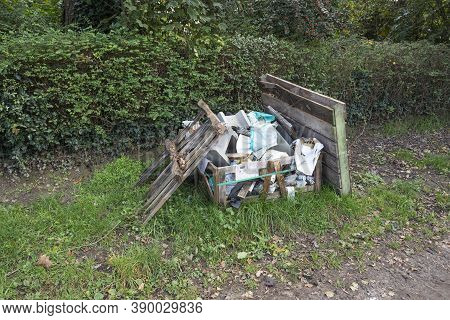 Sint Gillis Waas, Belgium, October 15, 2020, Construction And Other Waste Dumped In The Wild