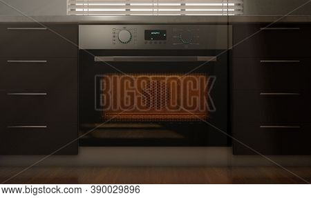 A Look Across A Clean Kitchen With Cupboards And A Closed Empty Hot Oven With Morning Light Coming T